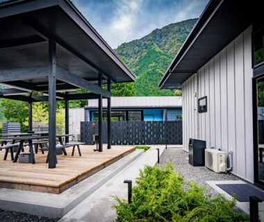 Outdoor deck with pavilion and seating at UMEGASHIMA DRIVEｰIN ＆ SAUNA VILLA in Shizuoka, Chūbu region