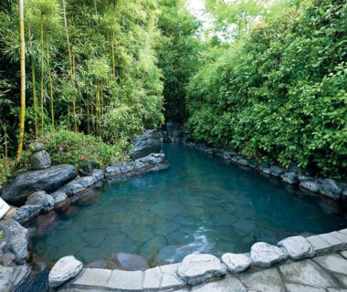 Stone outdoor onsen bath surrounded by bamboo and lush greenery at Ukiha in Ōita, Kyūshū
