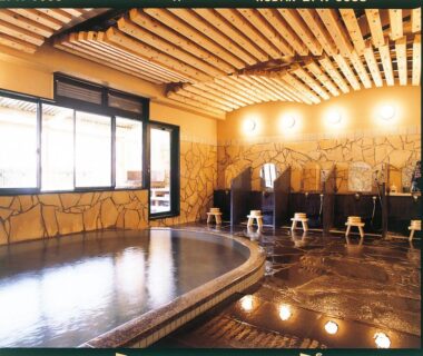 Stone-lined indoor onsen with wooden slatted ceiling and wash stations at Ukiha in Ōita, Kyūshū