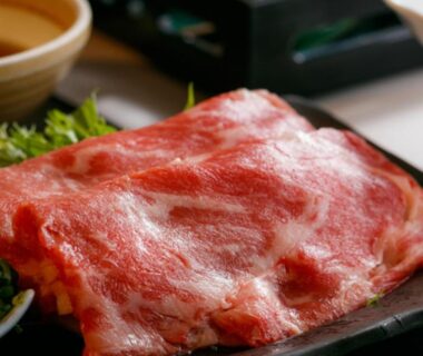 Thinly sliced marbled beef on a tray at Umemura Ryokan, Nagano, Chūbu, Japan