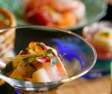 Chilled sashimi appetizer with ikura and microgreens at Umemura Ryokan Uguisutei in Nagano