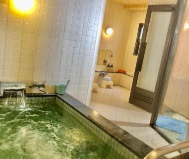 Indoor soaking tub with bubbling green water in a ryokan bathing area at Umeoka Ryokan Nagano