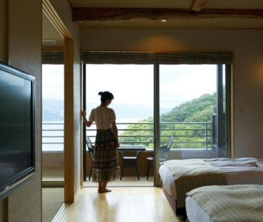 Room with balcony and coastal hills view at Uminohana, Shizuoka, Chūbu Japan