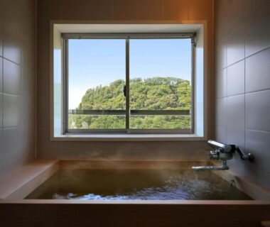 Indoor wooden bath by window with hillside view at Uminoniwa, Chiba, Kantō