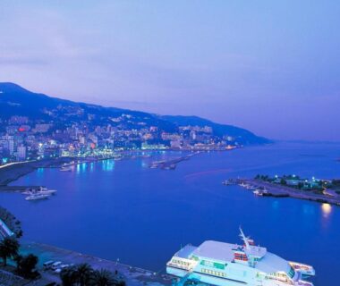 Coastal harbor at twilight with ferries near Uomisaki Hotel, Shizuoka, Chūbu region
