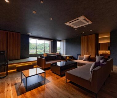 Modern lounge with sofas and low tables at Urari Takeo Garden Terrace Spa Resorts in Saga, Kyūshū