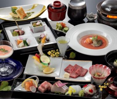 Assorted traditional multi-course Japanese meal with sashimi and soups, Ureshino Motoyu, Saga, Kyūshū Japan
