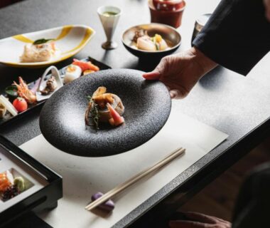 Server presenting plated multi-course meal on table at Ureshino Motoyu, Saga, Kyushu