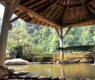 Outdoor hot spring bath beneath timber pavilion at Uruoikan in Nagano Chūbu
