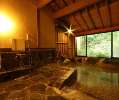 Stone indoor onsen at Usuki Yunosato, Oita with wooden interior and windowed garden view