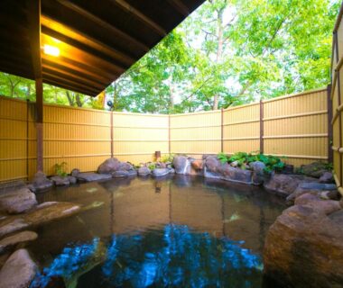 Rock-lined outdoor onsen bath at Wa no Yado Sagiritei in Ōita Kyūshū with bamboo fence and forest canopy