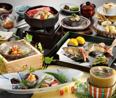 Assorted multi-course Japanese dishes with sashimi and tempura at Wafu-no-Yado MASUYA in Nagano, Chūbu, Japan