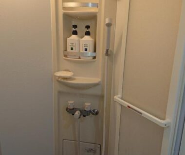 Narrow shower stall with handheld head, corner shelves holding two bottles and soap dish at Wajimaya Ryokan, Kyoto