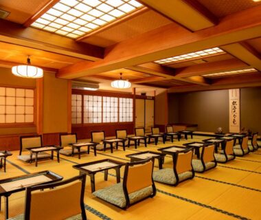 Tatami dining hall with low tables and zaisu chairs at Wakamatsu HakoneYugawara Kanagawa