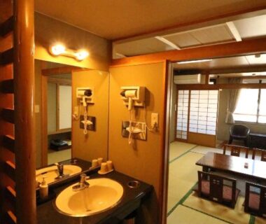 Sink and vanity opening to tatami room with shoji screens at Wakamizusou, Yamanashi, Chūbu Japan
