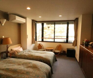 Western-style twin room with two beds, window seating and TV at Wakamizusou in Yamanashi, Chūbu