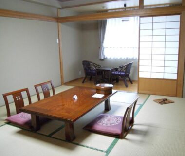 Traditional tatami room with low table and zabuton at Wakamizusou, Yamanashi, Chūbu Japan