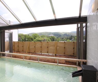 Indoor onsen bath with glass roof and wooden fence, view of distant hills at Wakasa Annex in Nara