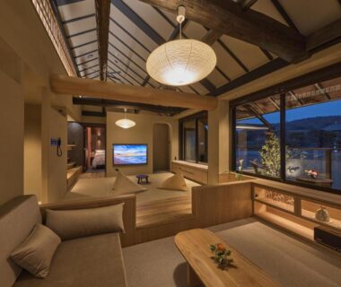 Cozy wooden lounge with low table and skylight at Wakasa Annex in Nara