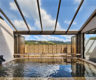 Indoor onsen bath with glass ceiling and mountain view at Wakasa Annex, Nara, Kansai