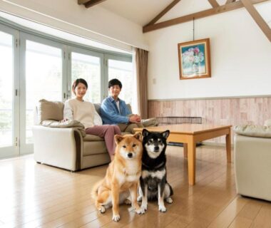 Couple seated on sofa with two dogs on wooden floor in bright ryokan lounge at Wan Wan Paradise Izukogen, Shizuoka