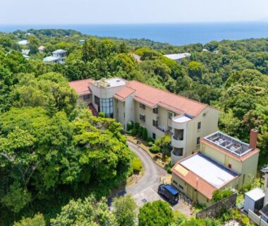 Aerial view of ryokan nestled in forested hillside with distant coastline, Wan Wan Paradise Premier Izukogen Shizuoka