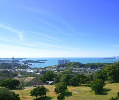 Sea and park view above coastal town near Wan Wan Paradise Premier Nanki Shirahama, Wakayama