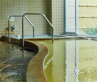 Indoor onsen bath with stone edge, metal handrail and small garden view at Wan Wan Paradise Premier Shiobara