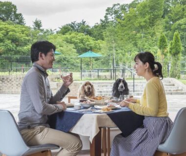 Couple dining by floor-to-ceiling window with two dogs outside, Wan Wan Paradise Premier Yamanakako, Yamanashi