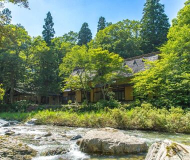 Riverfront traditional wooden ryokan building surrounded by green forest at Wanosato in Gifu, Chūbu, Japan