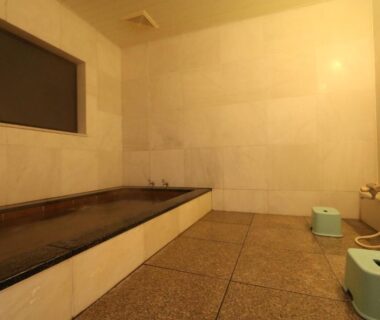 Rectangular indoor soaking tub with stools and handheld shower at Warabiso in Niigata, Chūbu