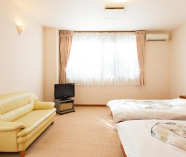 Bright carpeted twin room with sofa, small TV and curtained window at Watarase Onsen Hotel Yamayuri Wakayama