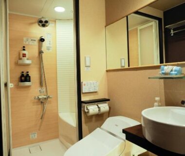 Toilet, sink and enclosed shower at Watazen Ryokan, Kyoto Kansai