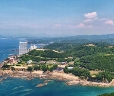 Aerial coastline with resort buildings at XYZ Private Spa and Seaside Resort in Wakayama, Kansai