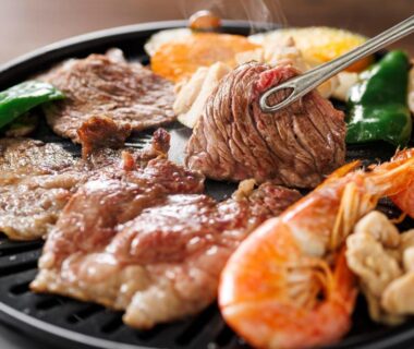 Grilled shrimp and sliced meat on tabletop grill at Yatsugatake Kogen Resort, Yamanashi, Chūbu Japan