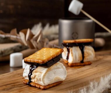 Toasted marshmallow and chocolate sandwich on wooden board at YU-FURI Nasu-Takao Onsen Lodge, Tochigi Japan