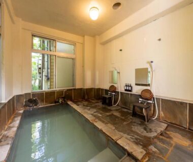 Indoor onsen with stone edge, washing stations and garden-facing windows at YUPOPPO Hakone