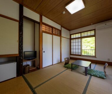 Tatami room with low table, floor cushions, shoji screens, sliding doors, small TV and refrigerator, window facing greenery