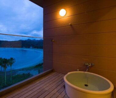 Wooden balcony soaking tub at Yado Marubun, Shizuoka bay view, Chūbu Japan