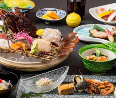 Assorted traditional Japanese small plates with sashimi and grilled seafood at Yado Marubun, Shizuoka