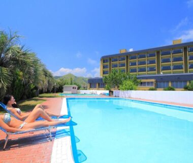Guests relaxing on sun loungers by outdoor pool with palm trees and hotel building at Yado Nakaya, Chiba