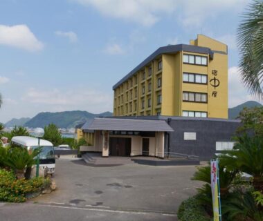 Multi-story ryokan building with driveway, palm trees and mountain backdrop at Yado Nakaya Chiba