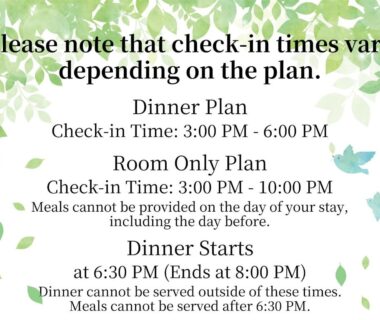 Notice showing check-in and dinner schedule on decorative green leaf background for Yama no Ie in Tochigi