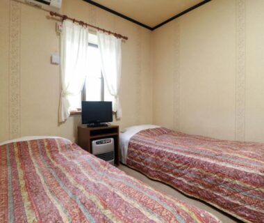 Compact twin room with patterned bedspreads, small TV on cabinet and curtained window at Yama no Ie, Tochigi