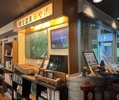 Lobby bookshelf and wooden decor at Yama no Yado Meiji Onsen Nagano Chūbu