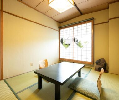 Tatami room with low table and shoji screens at Yamadaya Ryokan in Kyoto Kansai