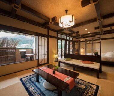 Tatami room with low table, shoji screens and outdoor wooden bath on balcony at Yamagataya in Gifu