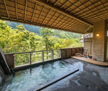 Stone onsen bath under wooden roof with forest views at Yamagataya in Gifu, Chūbu