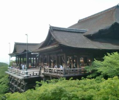Elevated wooden temple veranda overlooking dense green foliage and traditional rooftops near Yamamoto Ryokan in Kyoto