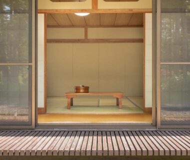 Tatami room with low table and sliding shoji doors at Yamanaka Lake Ryozan, Yamanashi